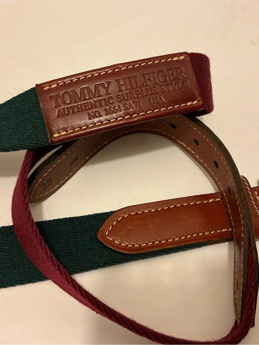 Tommy Hilfiger Green and Burgundy Canvas Belt with Brown Leather Trim sz 38